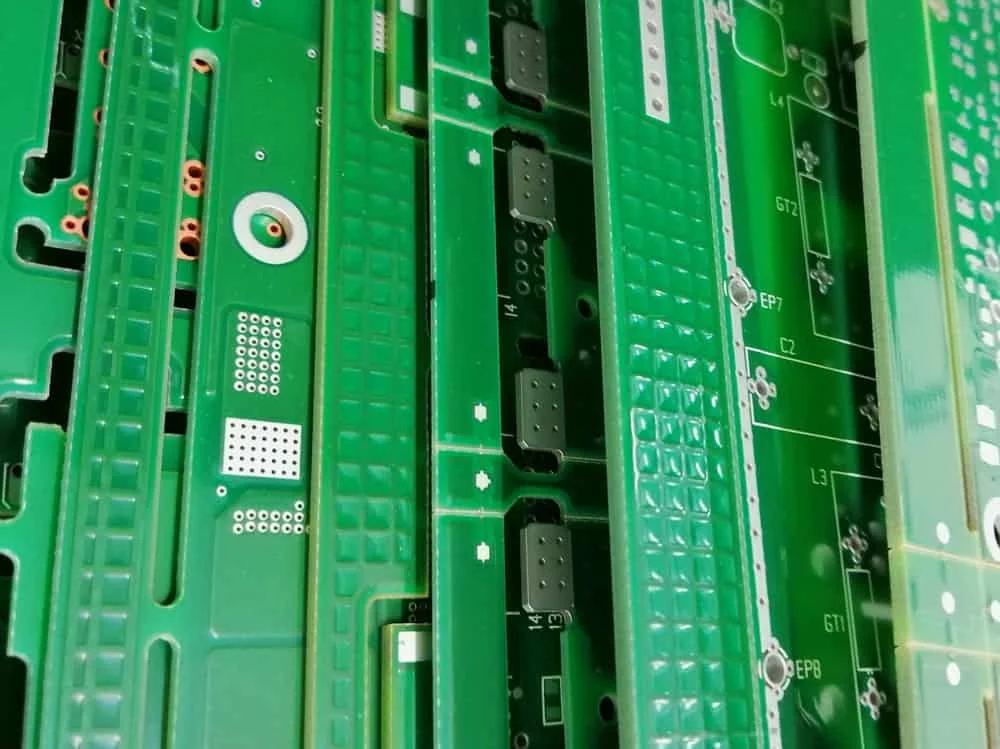 Panelized PCB array prepared for assembly with repeated board outlines and breakaway structure